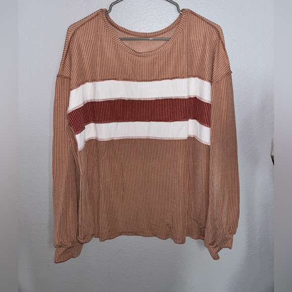 Brown/Red/White Ribbed Long-Sleeve Boutique Blouse - Picture 2 of 7